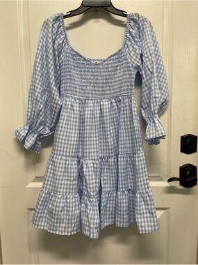 Main Strip Blue Gingham Baby Doll Smocked Dress- Women’s Size S